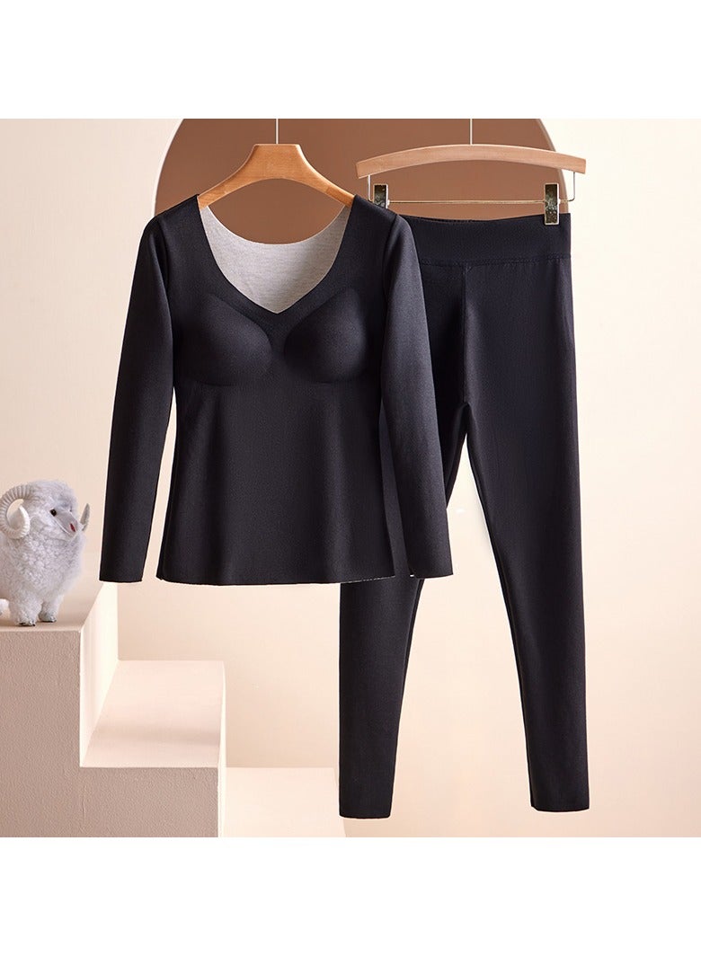 Jorunb Women's Thermal Underwear Includes Chest Pad Long Johns with Lined Base Layer Cold Weather Pajamas Sets for 40kg-55kg (Black) - Image 1