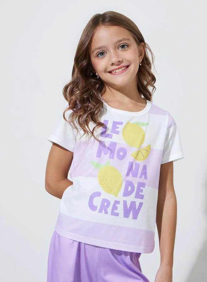 Styli Girls Lilac Graphic Print T-Shirt and Cuffed Pants Pyjama Set