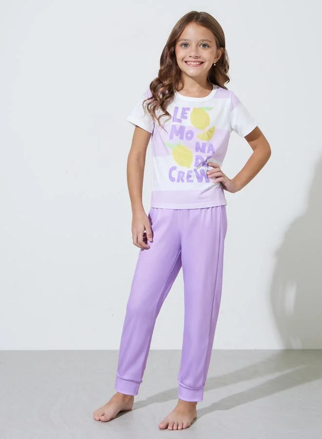 Styli Girls Lilac Graphic Print T-Shirt and Cuffed Pants Pyjama Set