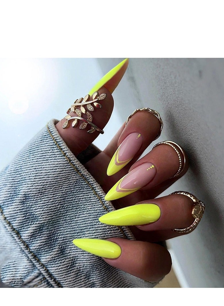 24PCS Almond Press on Nails, French Tip Fake Nails, Glossy Yellow Stick on Nails with Gel Glue, Nail File, Cleaning Pad, Wooden Stick, Easy to Apply & Long-Lasting - Image 1