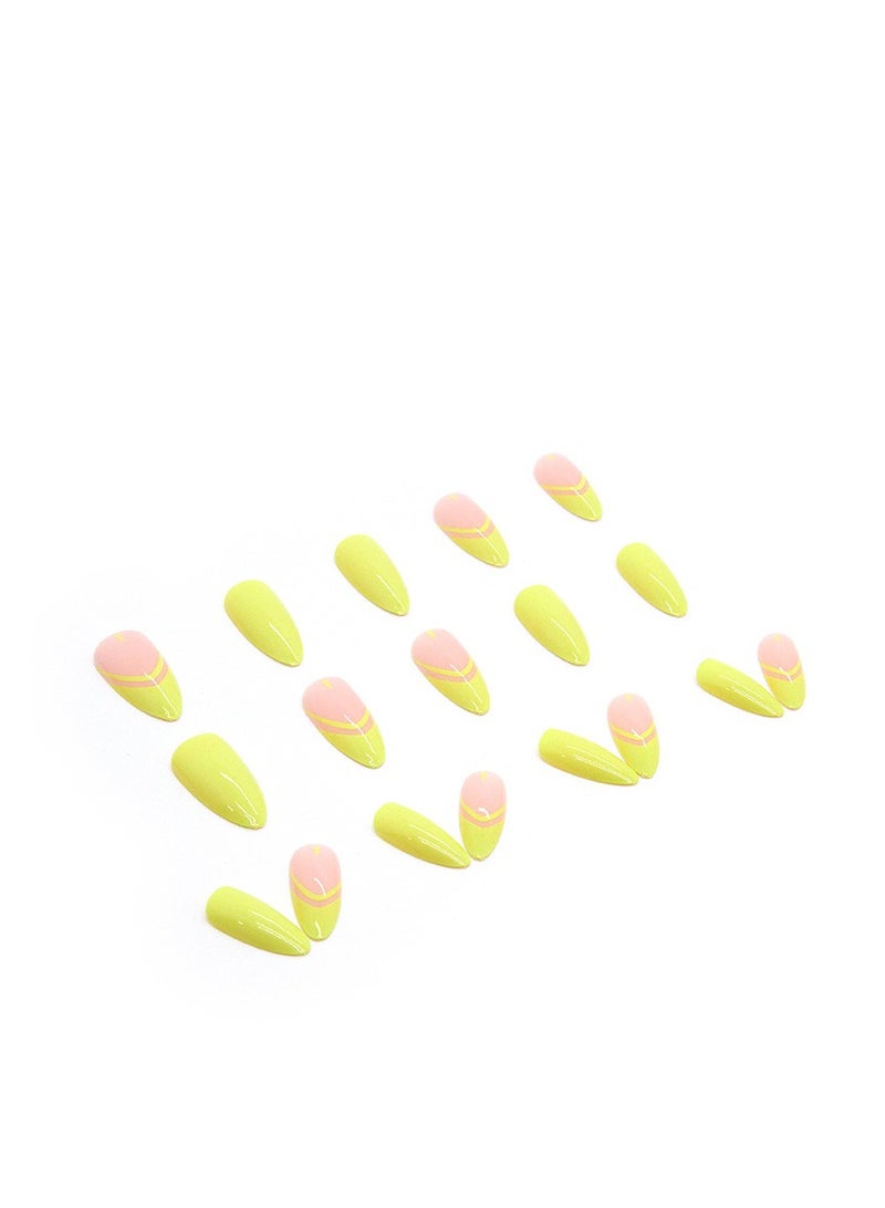 24PCS Almond Press on Nails, French Tip Fake Nails, Glossy Yellow Stick on Nails with Gel Glue, Nail File, Cleaning Pad, Wooden Stick, Easy to Apply & Long-Lasting - Image 2