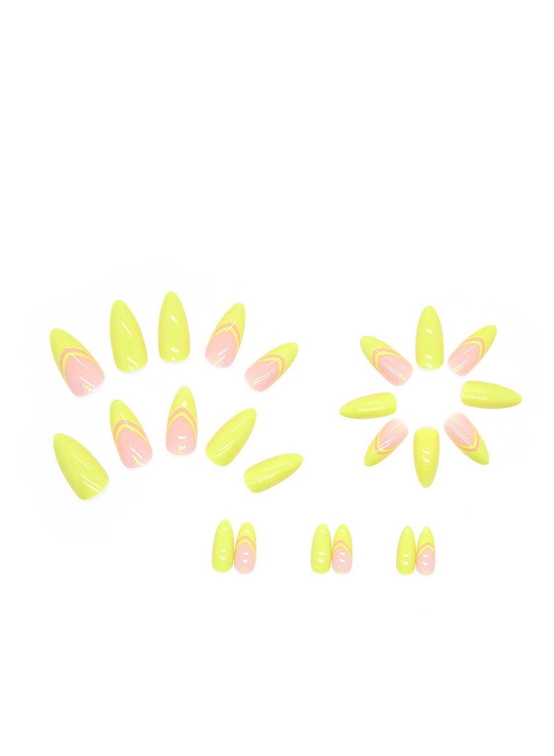 24PCS Almond Press on Nails, French Tip Fake Nails, Glossy Yellow Stick on Nails with Gel Glue, Nail File, Cleaning Pad, Wooden Stick, Easy to Apply & Long-Lasting - Image 3