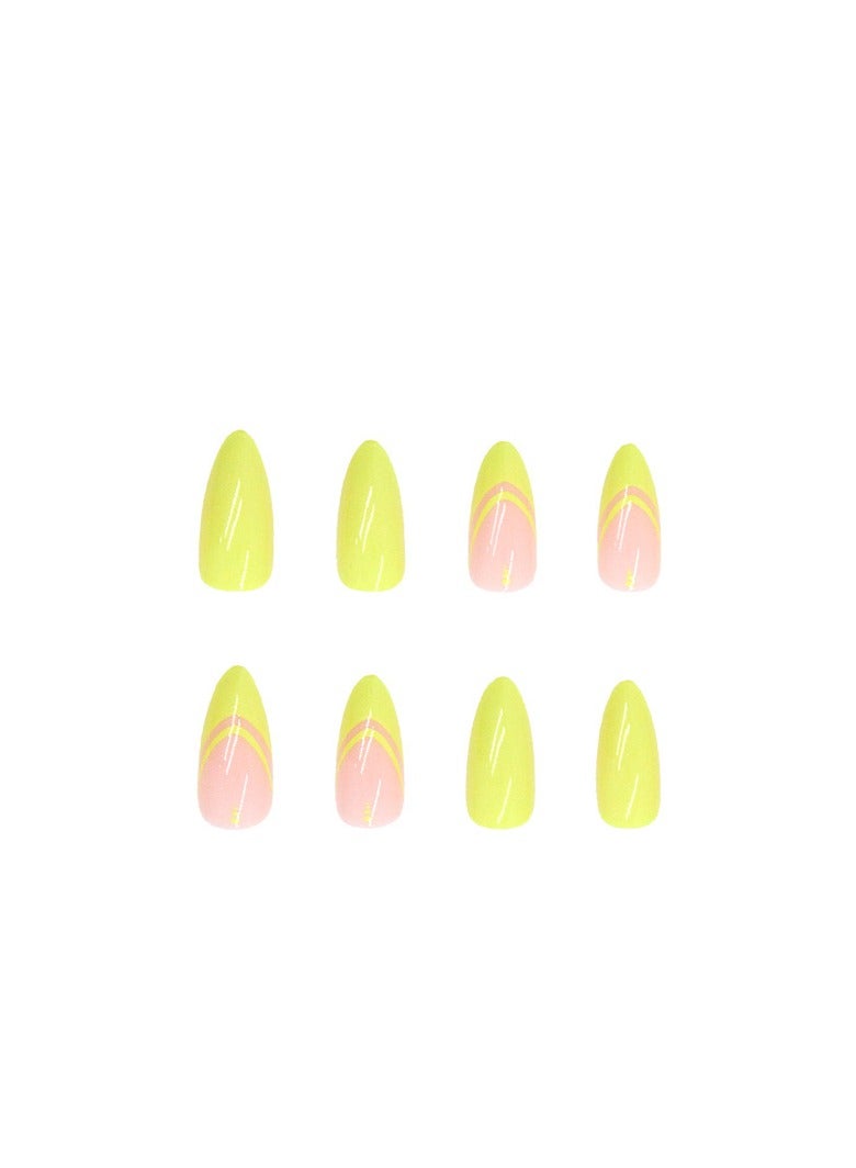 24PCS Almond Press on Nails, French Tip Fake Nails, Glossy Yellow Stick on Nails with Gel Glue, Nail File, Cleaning Pad, Wooden Stick, Easy to Apply & Long-Lasting - Image 4