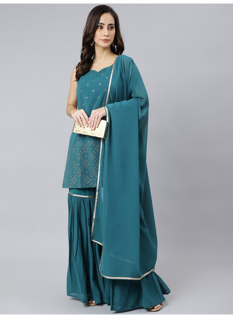 Miss Noor India Women Ethnic Suha Teal Sharara Set With Dupatta  - Image 3