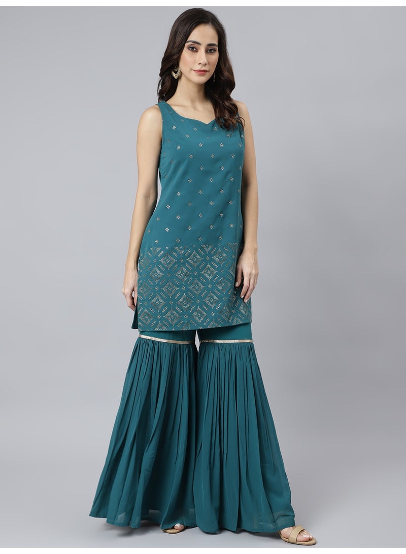 Miss Noor India Women Ethnic Suha Teal Sharara Set With Dupatta  - Image 5
