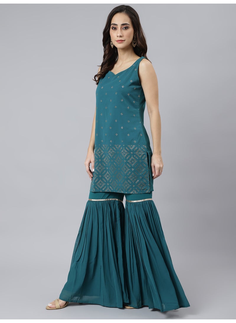Miss Noor India Women Ethnic Suha Teal Sharara Set With Dupatta  - Image 4