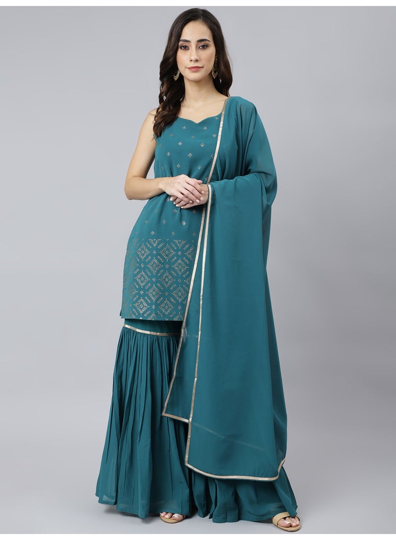 Miss Noor India Women Ethnic Suha Teal Sharara Set With Dupatta  - Image 2