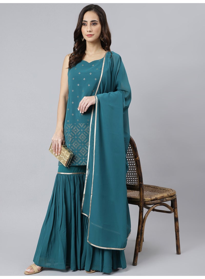 Miss Noor India Women Ethnic Suha Teal Sharara Set With Dupatta  - Image 1