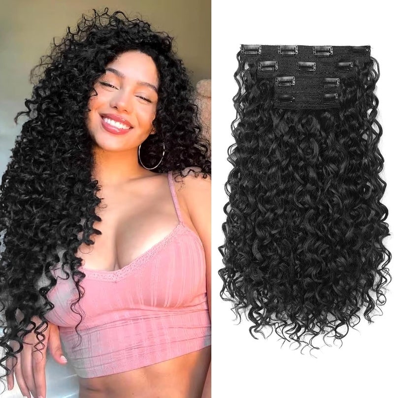 Flufymooz Clip in Hair Extensions, 4PC 100％ Pure Protein Silk Hair Extensions Long Soft Natural Hairpiece 16 Inch Curly Hairpiece for Women (Black) - Image 1