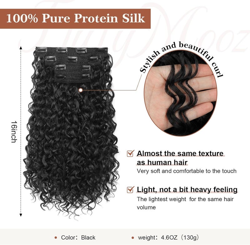 Flufymooz Clip in Hair Extensions, 4PC 100％ Pure Protein Silk Hair Extensions Long Soft Natural Hairpiece 16 Inch Curly Hairpiece for Women (Black) - Image 2