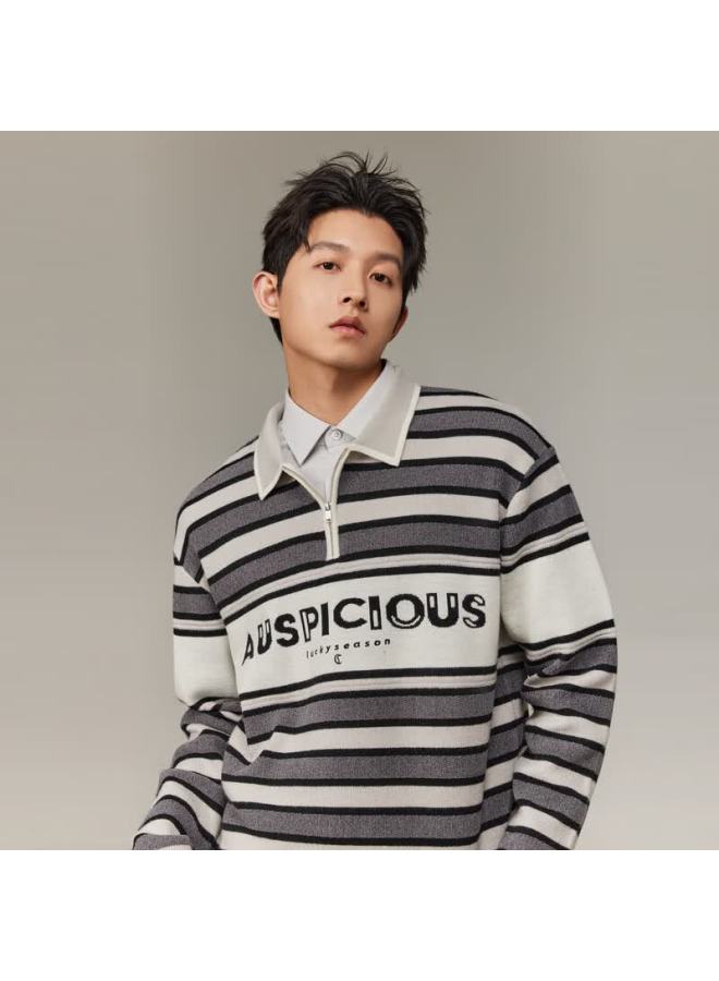 Cabbeen English Embroidered Half-zip College Style Wool Sweater With Contrast Stripe Turn-down Collar  Winter Men's Knitwear