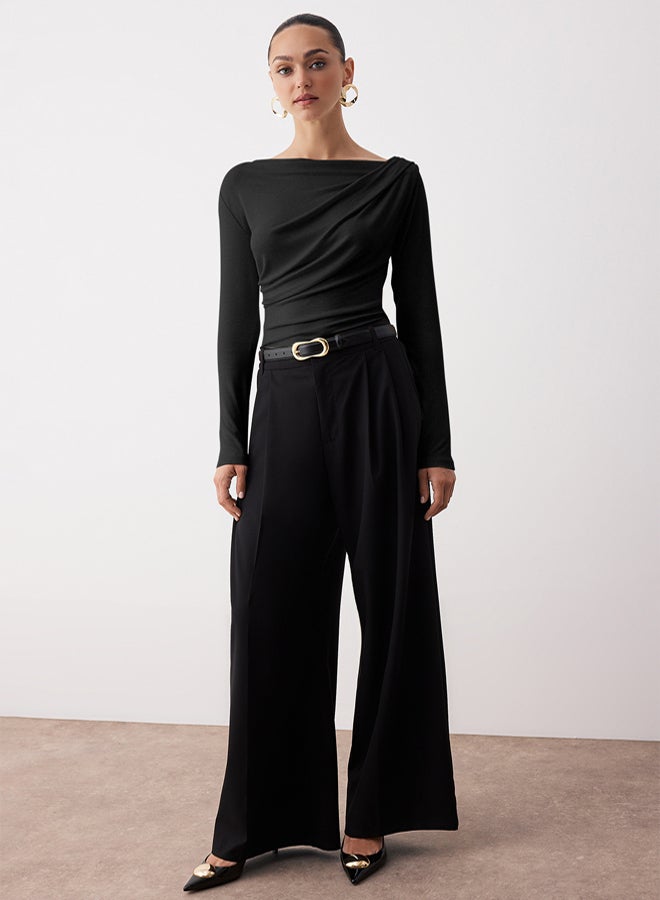 trendyol Black Fitted/Slim Fit Asymmetric Collar Detail Soft Fabric Stretchy Knitted Blouse - Image 2