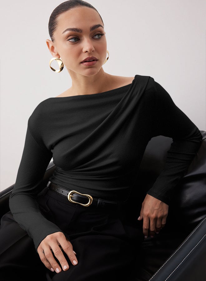 trendyol Black Fitted/Slim Fit Asymmetric Collar Detail Soft Fabric Stretchy Knitted Blouse - Image 1