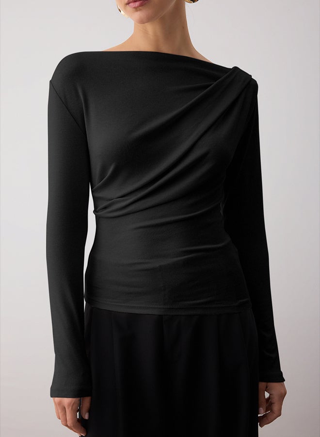 trendyol Black Fitted/Slim Fit Asymmetric Collar Detail Soft Fabric Stretchy Knitted Blouse - Image 3