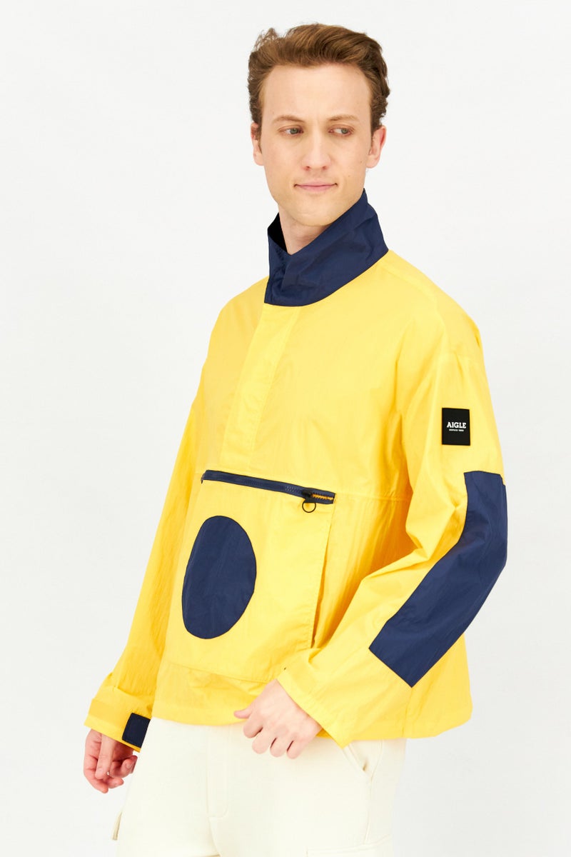 Aigle Men High Neck Long Sleeve Colorblock Windbreaker Jacket, Yellow - Image 2