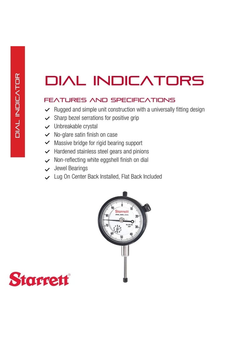 Starrett Starrett 25 Series Dial Indicator with Jewel Bearings and LugOnCenter Back  White Face 01000 Range 0100 Dial Reading 001 Graduations  25441J  - Image 2