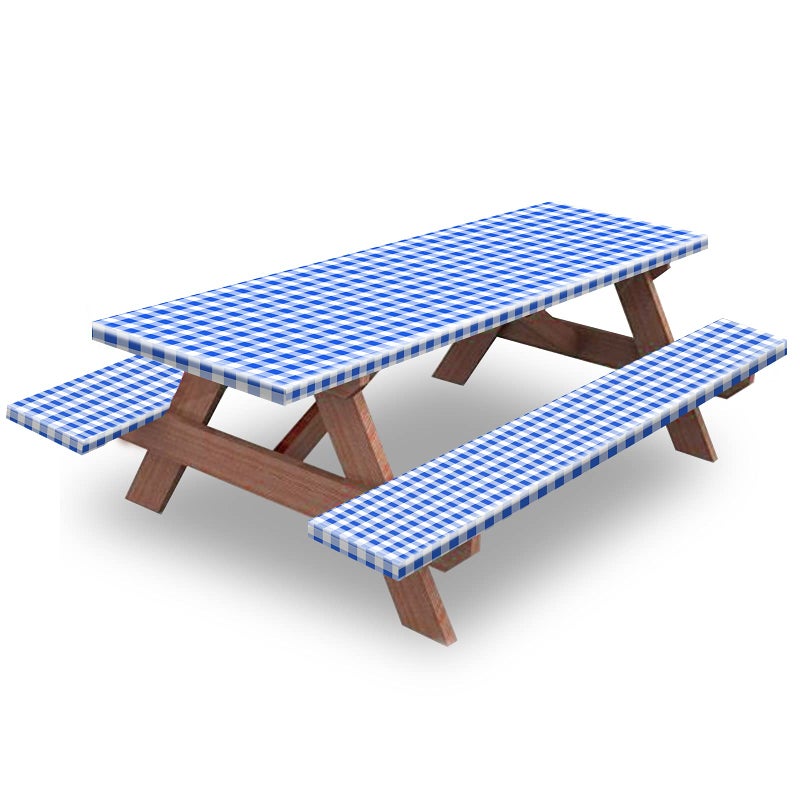 KENOBEE 6ft Picnic Table and Bench Cover Camping Essentials RV Gear 72in Waterproof Windproof Outdoor Elastic All Around Tablecloth Fitted Rectangle Tables and Seats BlueWhite Checkered
