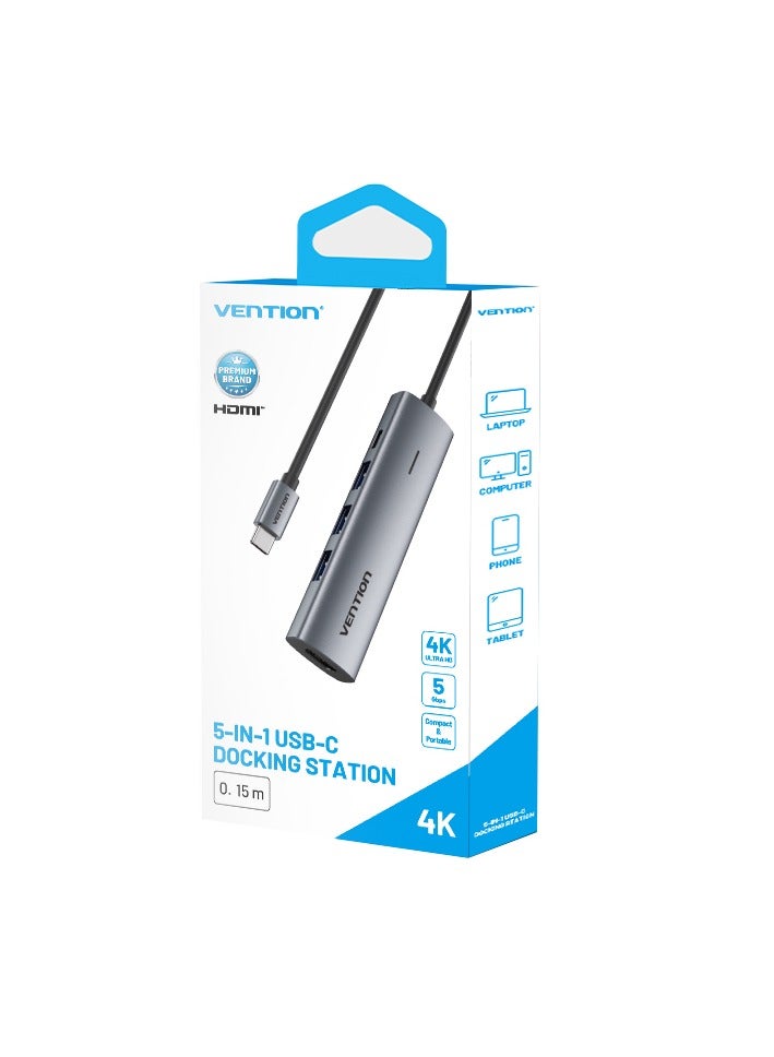 VENTION Vention 4in1 USB-C Docking Station,100W PD,4K HDMI/USB 3.0*3/PD 0.15M Gray Aluminum Alloy Type  - Image 2