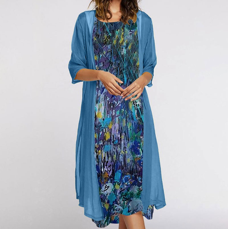 2022 European and American Amazon summer womens dress two-piece set popular flowers and plants printed round neck dress coat for women Blue tie-dye - Image 1