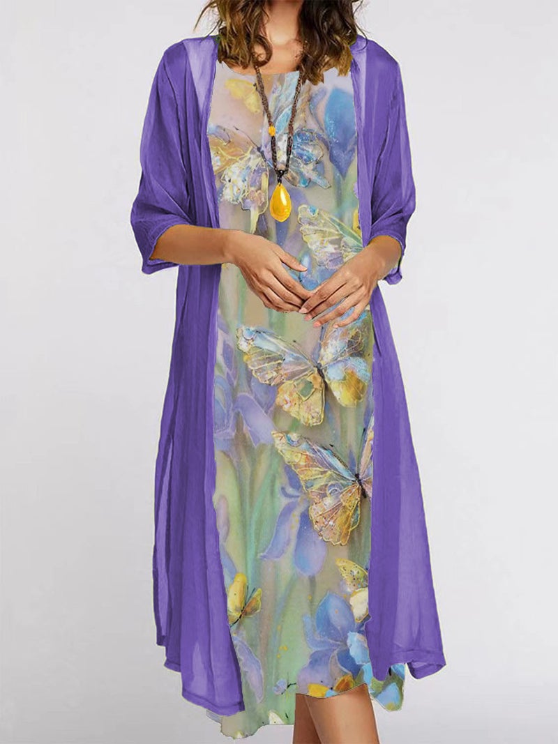 2022 European and American Amazon summer womens dress two-piece set popular flowers and plants printed round neck dress coat for women Blue tie-dye - Image 5