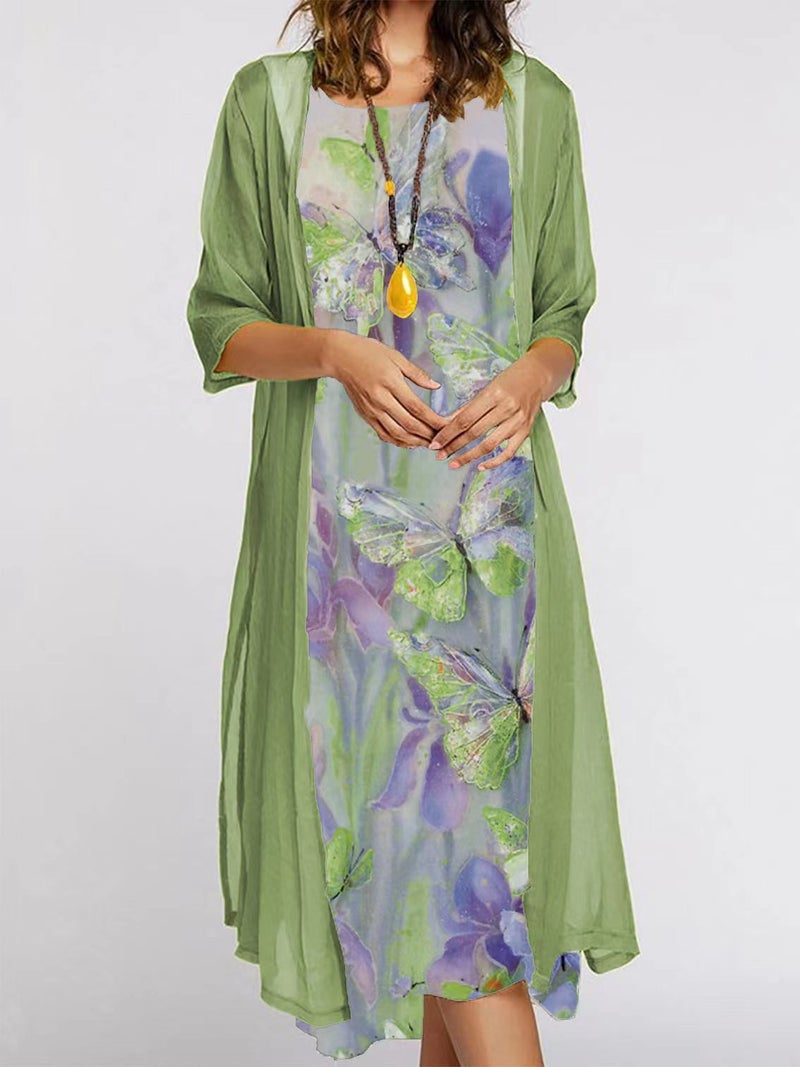 2022 European and American Amazon summer womens dress two-piece set popular flowers and plants printed round neck dress coat for women Blue tie-dye - Image 4