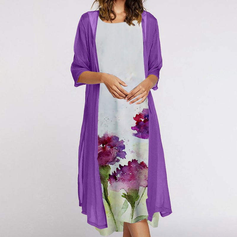 2022 European and American Amazon summer womens dress two-piece set popular flowers and plants printed round neck dress coat for women Blue tie-dye - Image 3