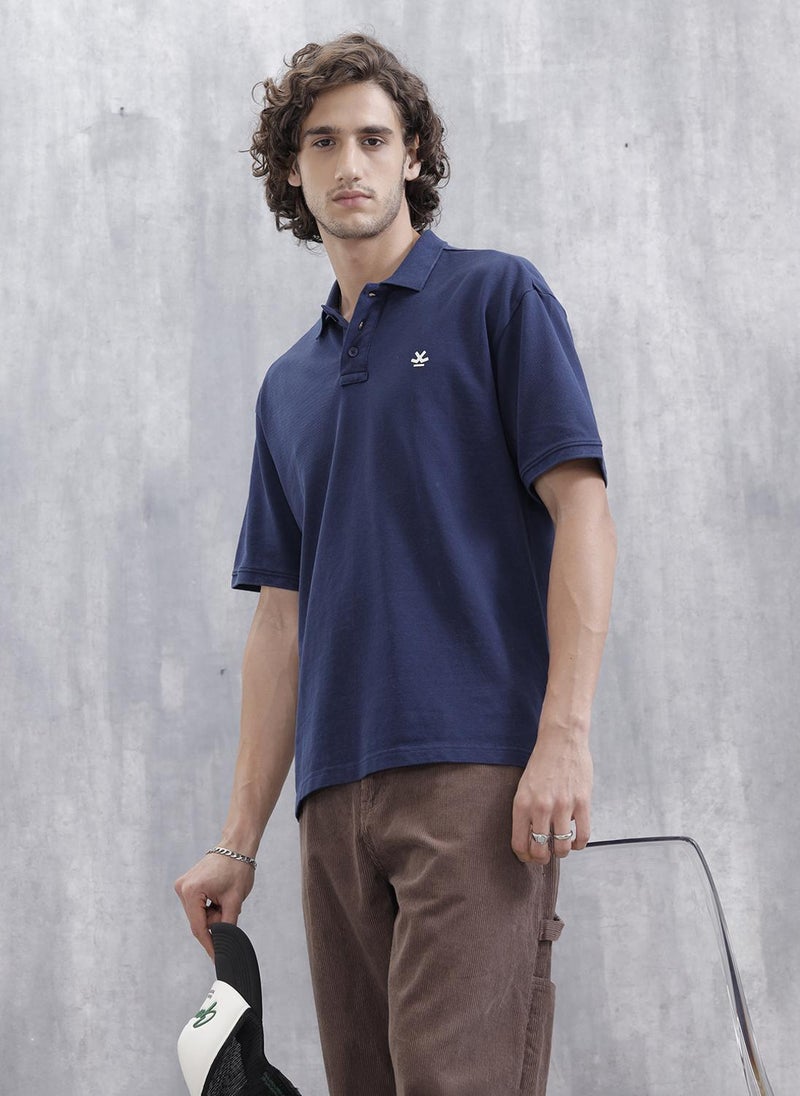 روجن Men Solid Oversized Fit Casual Polo Collar T-shirt | Blue - Image 1
