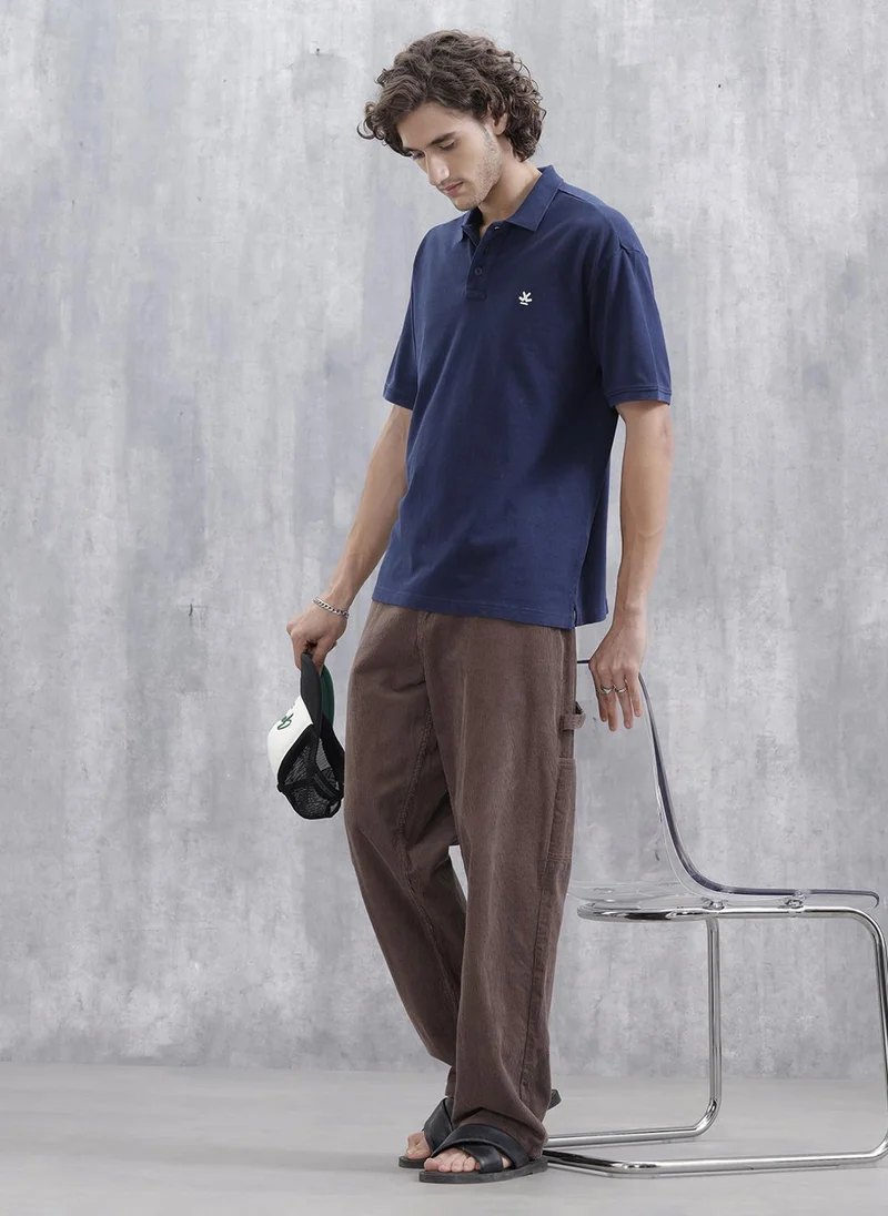 Wrogn Men Solid Oversized Fit Casual Polo Collar T-shirt | Blue