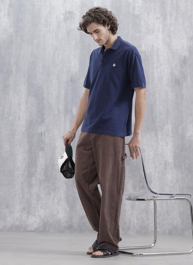 روجن Men Solid Oversized Fit Casual Polo Collar T-shirt | Blue - Image 2