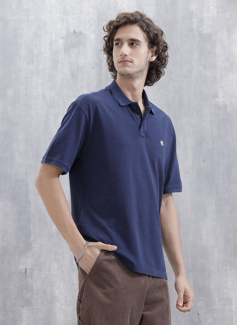 روجن Men Solid Oversized Fit Casual Polo Collar T-shirt | Blue - Image 4