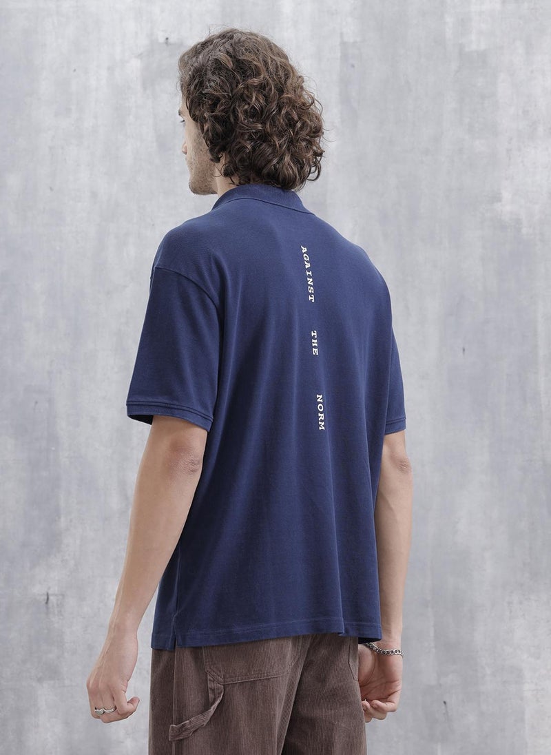 روجن Men Solid Oversized Fit Casual Polo Collar T-shirt | Blue - Image 3