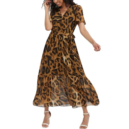 Max Hsuan Women's Summer Bohemian Floral Chiffon Dress Cap Sleeve V Neck Ruffle Long Flowy Boho Casual Vacation Dresses Leopard Print - Image 1