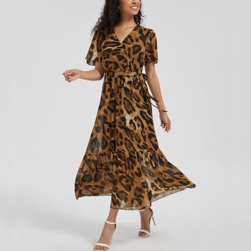 Max Hsuan Women's Summer Bohemian Floral Chiffon Dress Cap Sleeve V Neck Ruffle Long Flowy Boho Casual Vacation Dresses Leopard Print - Image 4