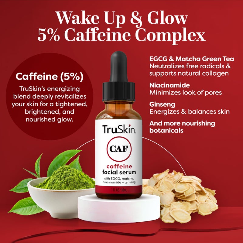 TruSkin Caffeine Face & Eye Serum â€“ Energizing 5% Caffeine Serum with EGCG Niacinamide Matcha and Ginseng â€“ Improve Look of Under Eye Dark Circles and Puffiness, 1 fl oz - Image 2