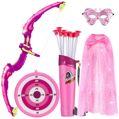 VGOFUN Kids Bow and Arrow Set LED Light Up Archery Toy with Princess Cape and Headband 10 Suction Cup Arrows Outdoor Toys Gifts for 38 Year Old Girls Archery Set with Butterfly Mask - Image 1