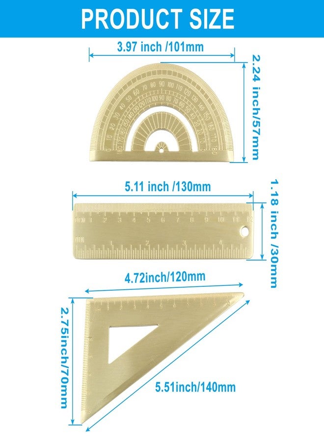 Cionyce Brass Mini Ruler Set,Triangle Ruler & Protractor & 4 inch Straight Ruler,Drafting Ruler Set for Measuring, Drawing, Learning Math Geometry (3 Pack) - Image 2