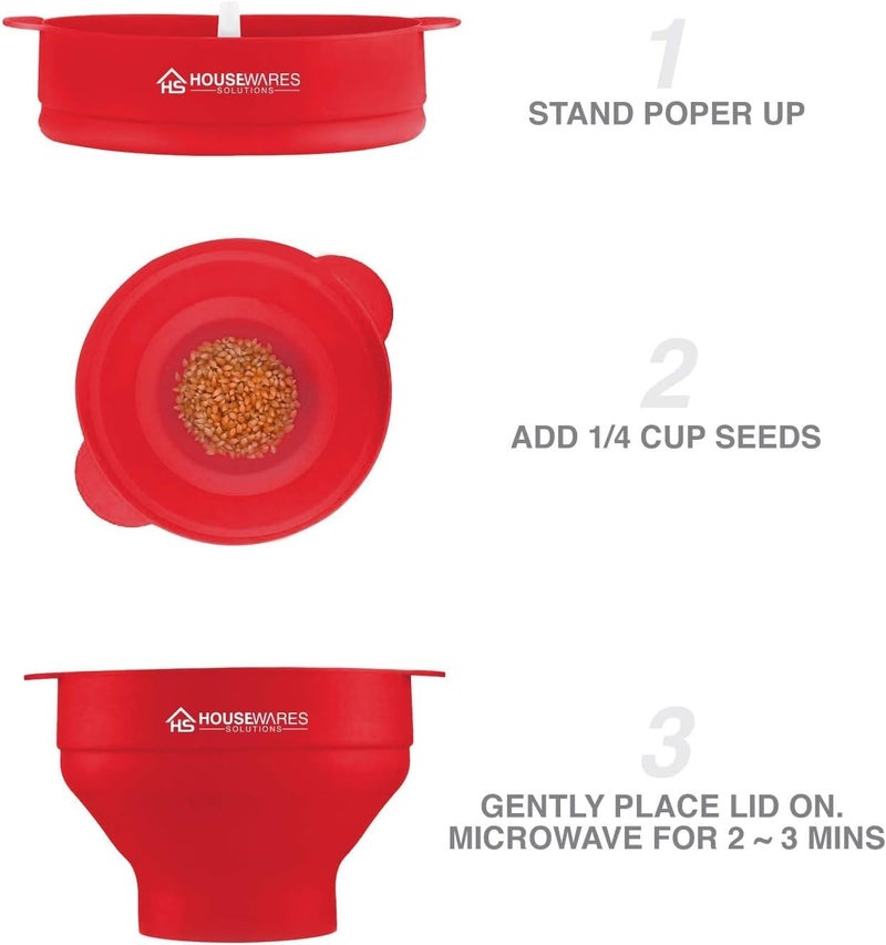 BRENSTEN Collapsible Silicone Microwave Hot Air Popcorn Popper Bowl With Lid and Handles - Red - Image 4
