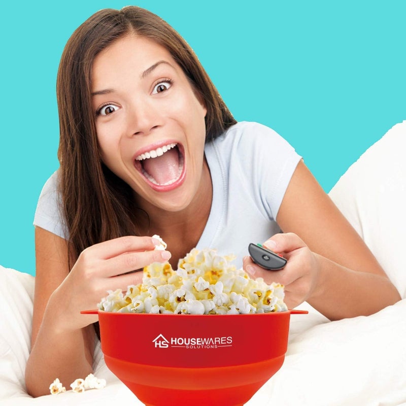 BRENSTEN Collapsible Silicone Microwave Hot Air Popcorn Popper Bowl With Lid and Handles - Red - Image 3