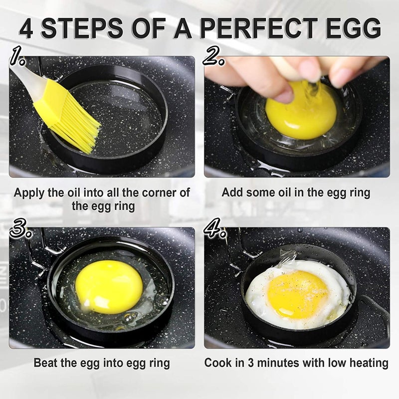 MYTHOS Egg Ring 3 Inch Nonstick Egg Mold for Cooking Stainless Steel Egg Cooker Pancake Maker Silicone Handle Eggs Separator Oil Brush Perfect for Egg Pan English Muffins Set of 2 - Image 3