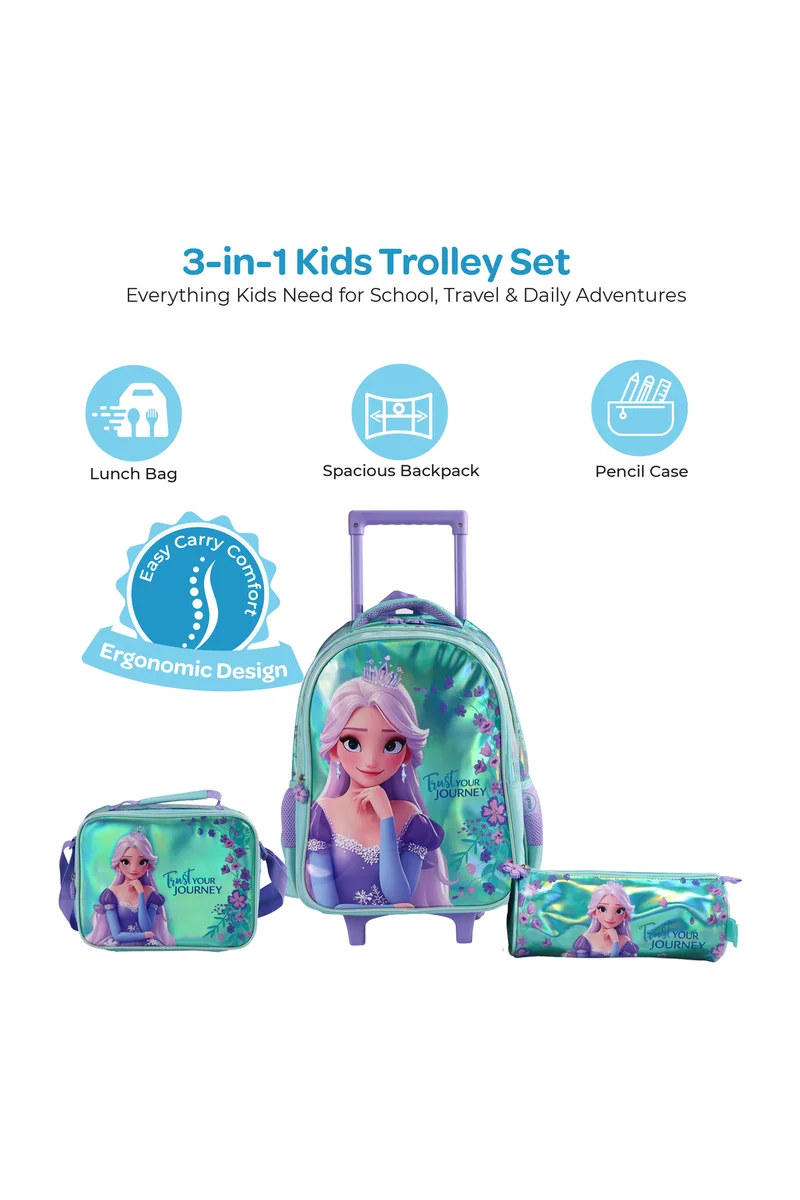 مون MOON  Elsa 3 in 1 Trolley Set  - (16-Inch) Premium Kids School Bag with Lunch Bag & Pencil Case