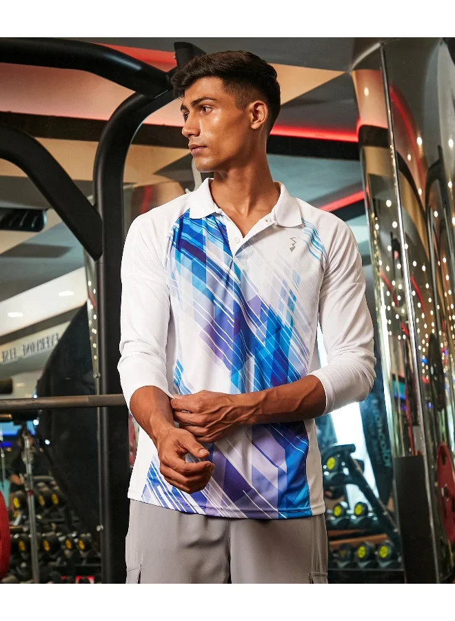 CS Life Men's White & Blue Contrast Print Activewear T-Shirt For Casual Wear | Spread Collar | Long Sleeve | Anti-Odor | Dri-Fit | Jersey T-Shirt Crafted With Comfort Fit & High-Performance