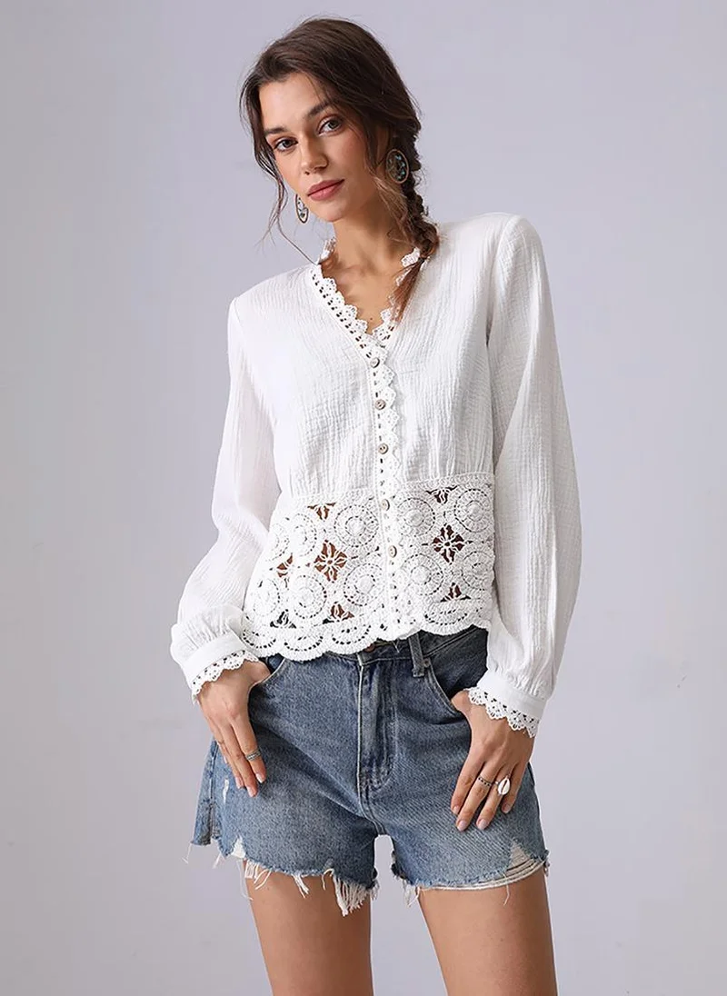YUNIQEE White V-Neck Long Sleeves Shirt Style Top