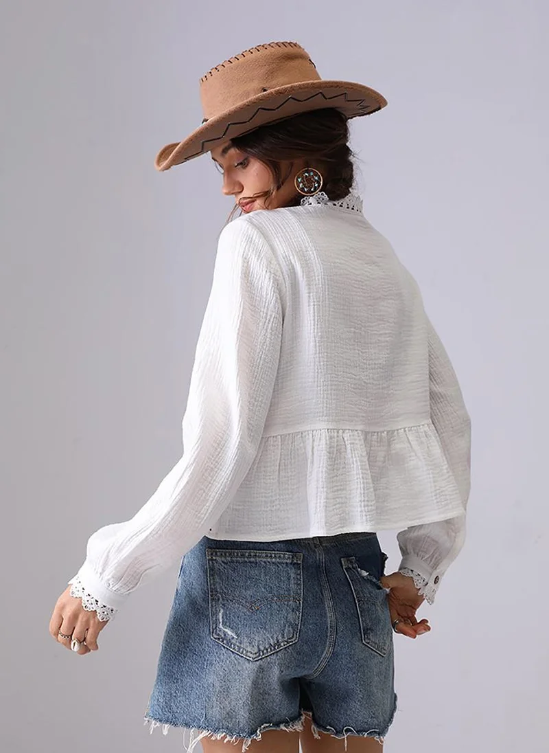YUNIQEE White V-Neck Long Sleeves Shirt Style Top