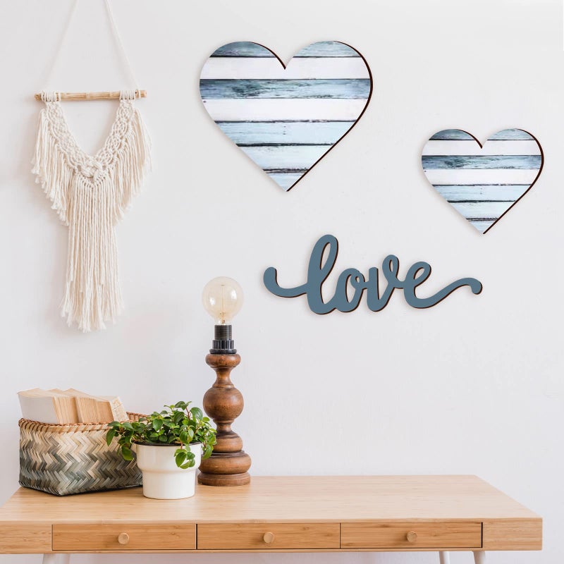 Chitidr 3 Pcs Valentine's Day Decor Heart Shaped Wood Sign Rustic Wood Heart Wall Decor Hanging Wooden Wall Sign Wooden Heart Plaque for Home Farmhouse Living Room Bedroom Valentines Gifts(Blue) - Image 4