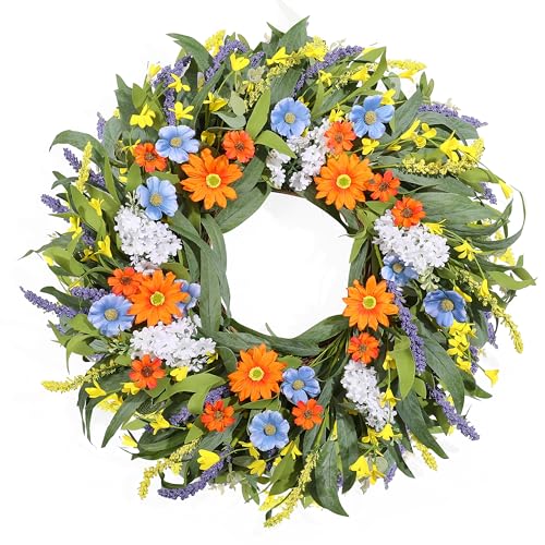 Vsonker Summer Wreath for Front Door 24 Inch, Spring Floral Wreaths with Artificial Daisy and Lavender for All Season Home Decor Easter Indoor Outdoor Wall Home Celebrations - Image 1