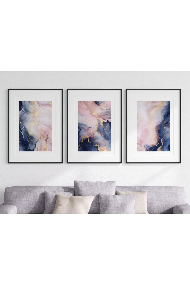 Eviepops Prints مجموعة ALAYRA من 3 ملصقات حائط غير مؤطرة بتصميم رخام سائل باللونين الأزرق والوردي، قوام رخام سائل، ديكور منزلي لغرفة النوم والحمام وغرفة المعيشة والمطبخ والمكتب، فن حائط حديث تجريدي، أزرق وردي فاتح ذهبي (A3) - Image 1