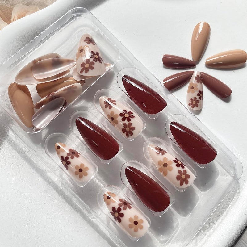WULIUFLY Global light sturdy raw material 24 Pcs Fall Press on Nails Almond Shape Fake Nails Light Brown Glue on Nails Full Cover crylic Nails Flower Designs Autumn Press on Nails Medium Length Stick on Nails Thanksgiving Day for Women Indoor outdoor all-purpose fit - Image 4