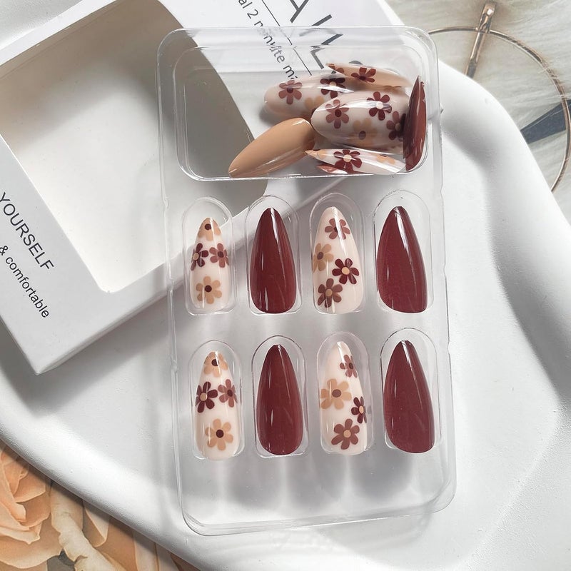WULIUFLY Global light sturdy raw material 24 Pcs Fall Press on Nails Almond Shape Fake Nails Light Brown Glue on Nails Full Cover crylic Nails Flower Designs Autumn Press on Nails Medium Length Stick on Nails Thanksgiving Day for Women Indoor outdoor all-purpose fit - Image 2