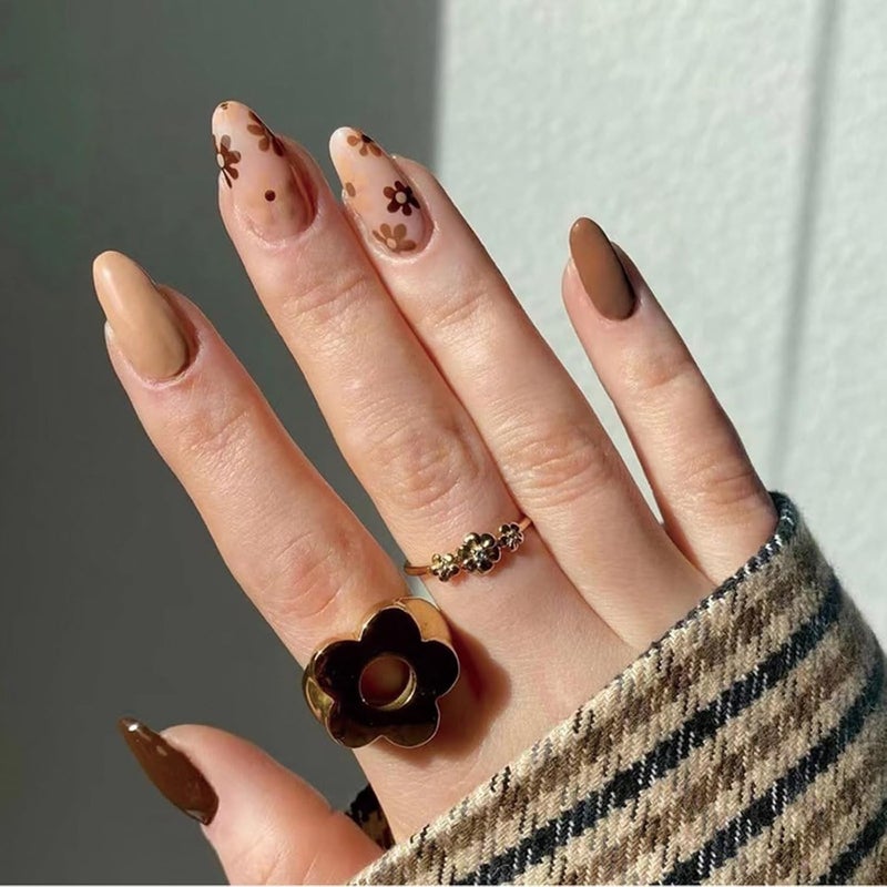 WULIUFLY Global light sturdy raw material 24 Pcs Fall Press on Nails Almond Shape Fake Nails Light Brown Glue on Nails Full Cover crylic Nails Flower Designs Autumn Press on Nails Medium Length Stick on Nails Thanksgiving Day for Women Indoor outdoor all-purpose fit - Image 1