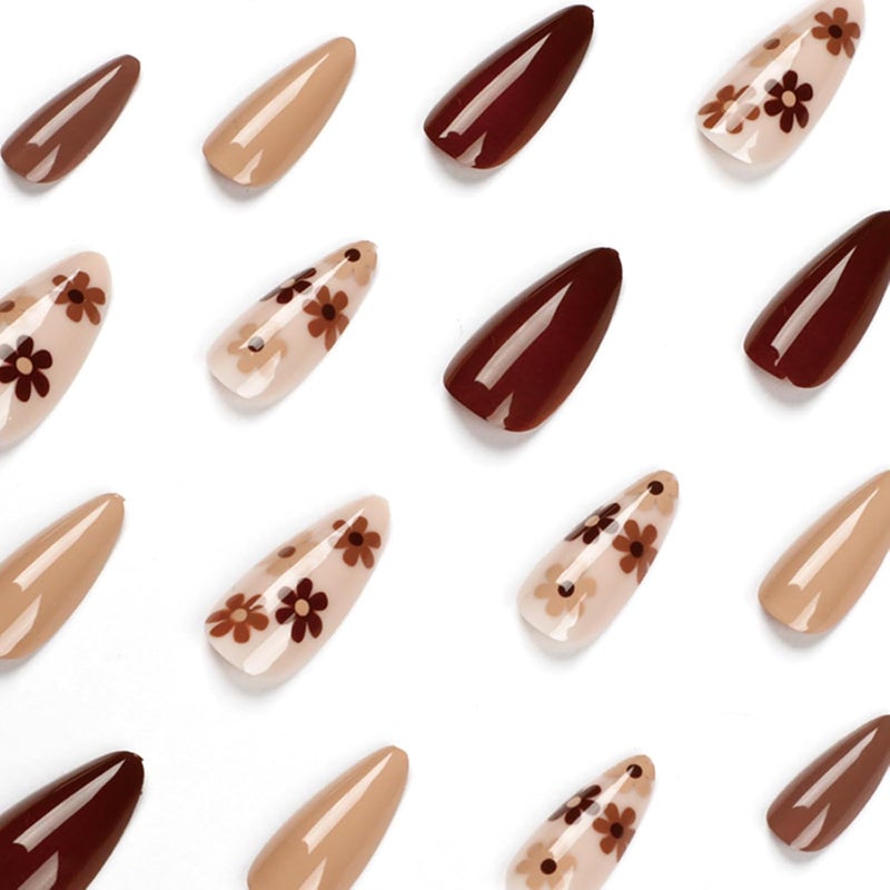WULIUFLY Global light sturdy raw material 24 Pcs Fall Press on Nails Almond Shape Fake Nails Light Brown Glue on Nails Full Cover crylic Nails Flower Designs Autumn Press on Nails Medium Length Stick on Nails Thanksgiving Day for Women Indoor outdoor all-purpose fit - Image 3